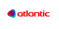 Atlantic : Logo officiel – Marque innovante et technologie Logo Atlantic avec un emblème abstrait aux formes fluides et entrelacées en bleu, violet et rouge-orangé, suivi du mot 'atlantic' en lettres minuscules rouges.